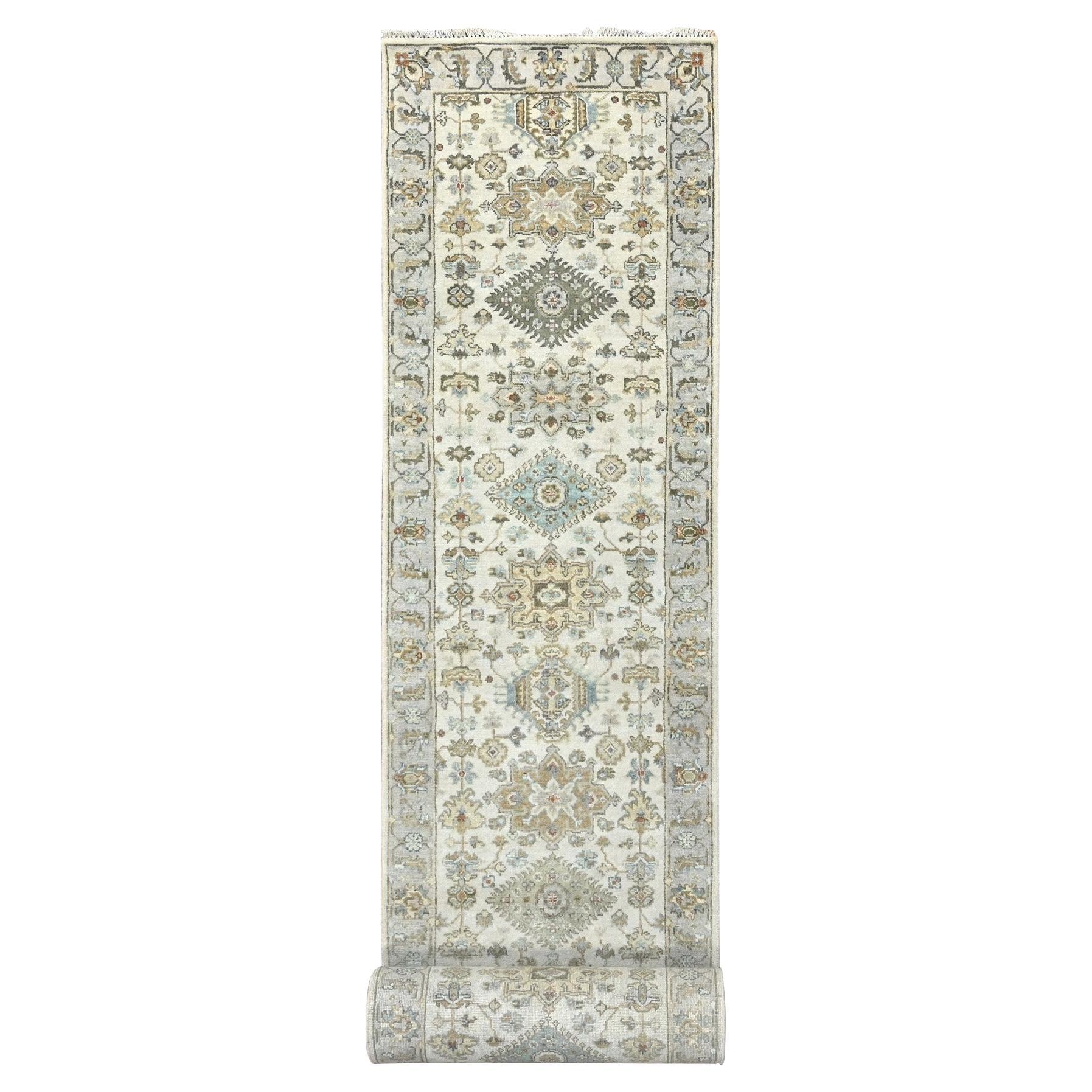2'9"x17'10" Ivory Shiny Wool Hand Knotted Karajeh Design XL Runner Oriental Rug
