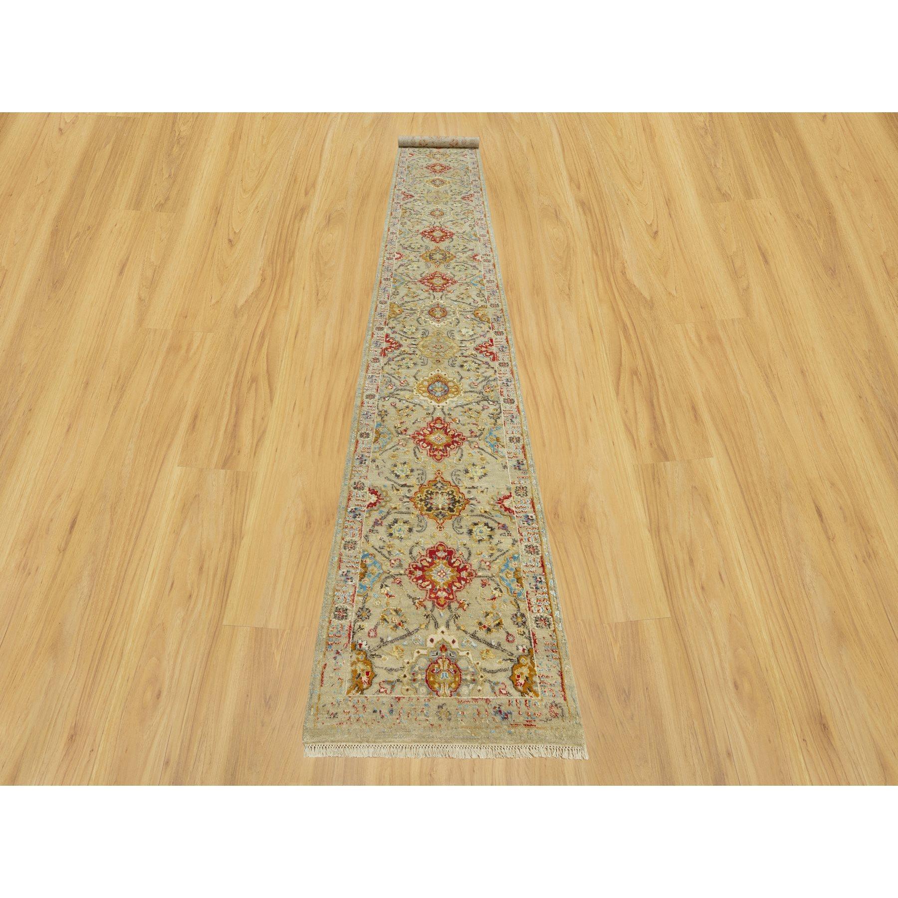 Candlelit Beige, Hand Knotted, The Sunset Rosettes with Soft Shiny Wool and Vibrant Colors, Wool and Pure Silk, Runner Oriental Rug
Primary materials: Wool 
Silk
Latex: No Pile 
height: 0.25 Inches
Style: Transitional
Primary color: