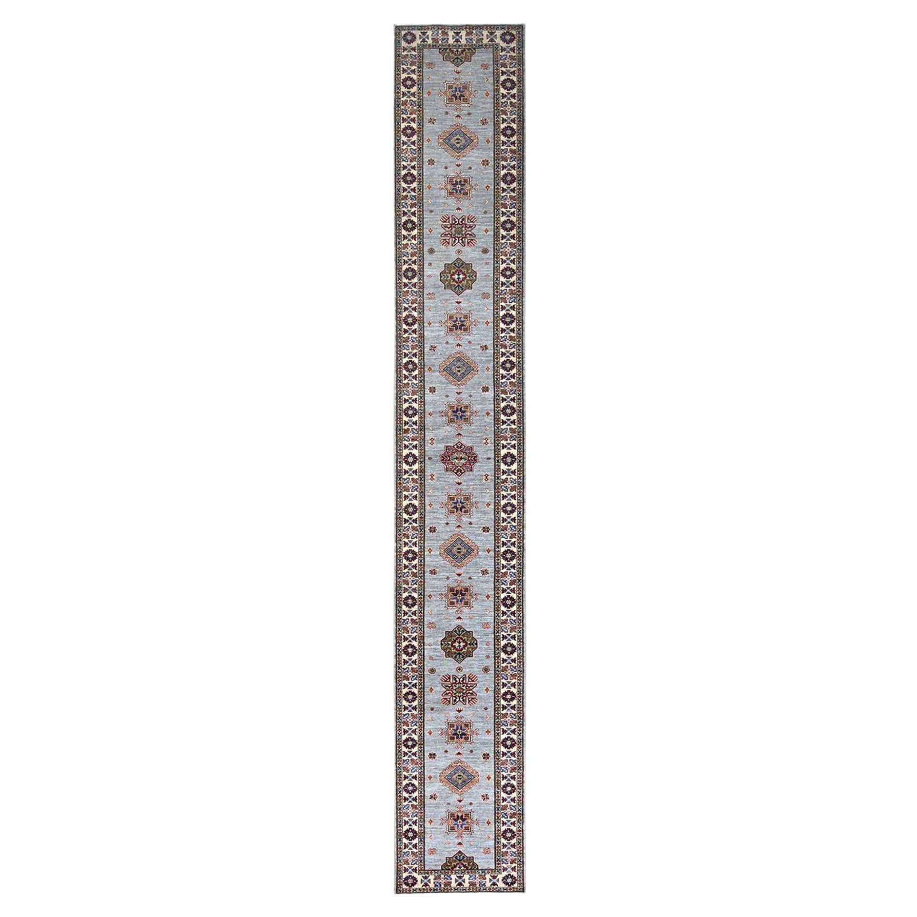 2'9"x18'2" Jubiläumsgrauer Afghanischer geometrischer Super Kazak XL Läufer Orientalischer Teppich aus Wolle Afghan