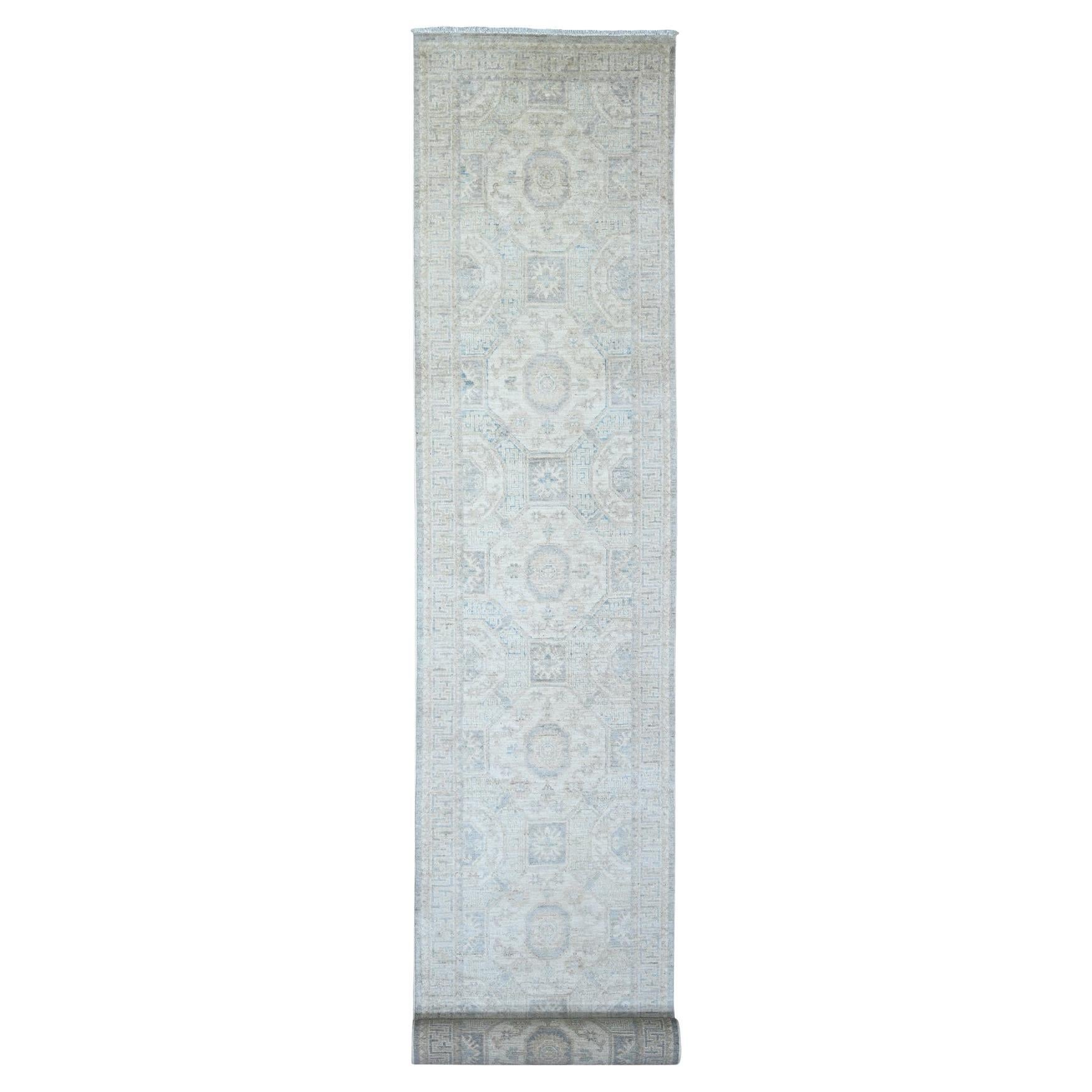 2
9 "x18
6" Tapis de course XL en laine Peshawar nouée à la main, gris clair et blanc Wash