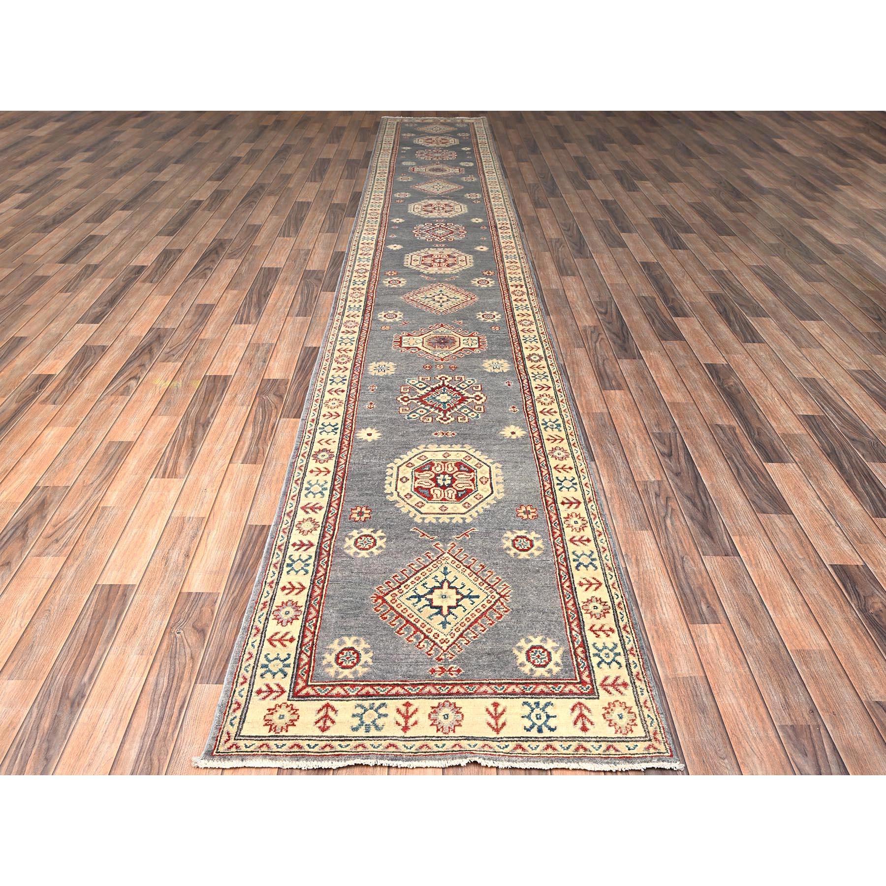 Misty Gray, Vegetable Dyes, Denser Weave, Kazak with Geometric Medallions Design, Hand Knotted, Pure Wool, XL, Runner, Oriental Rug
Primary materials: Wool
Latex: No Pile 
height: 0.25 Inches
Style: Traditional
Primary color: Grey
Secondary colors: