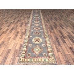 2'9"x18'7" Gray Kazak with Meddallions Design Hand Knotted Pure Wool Runner Rug