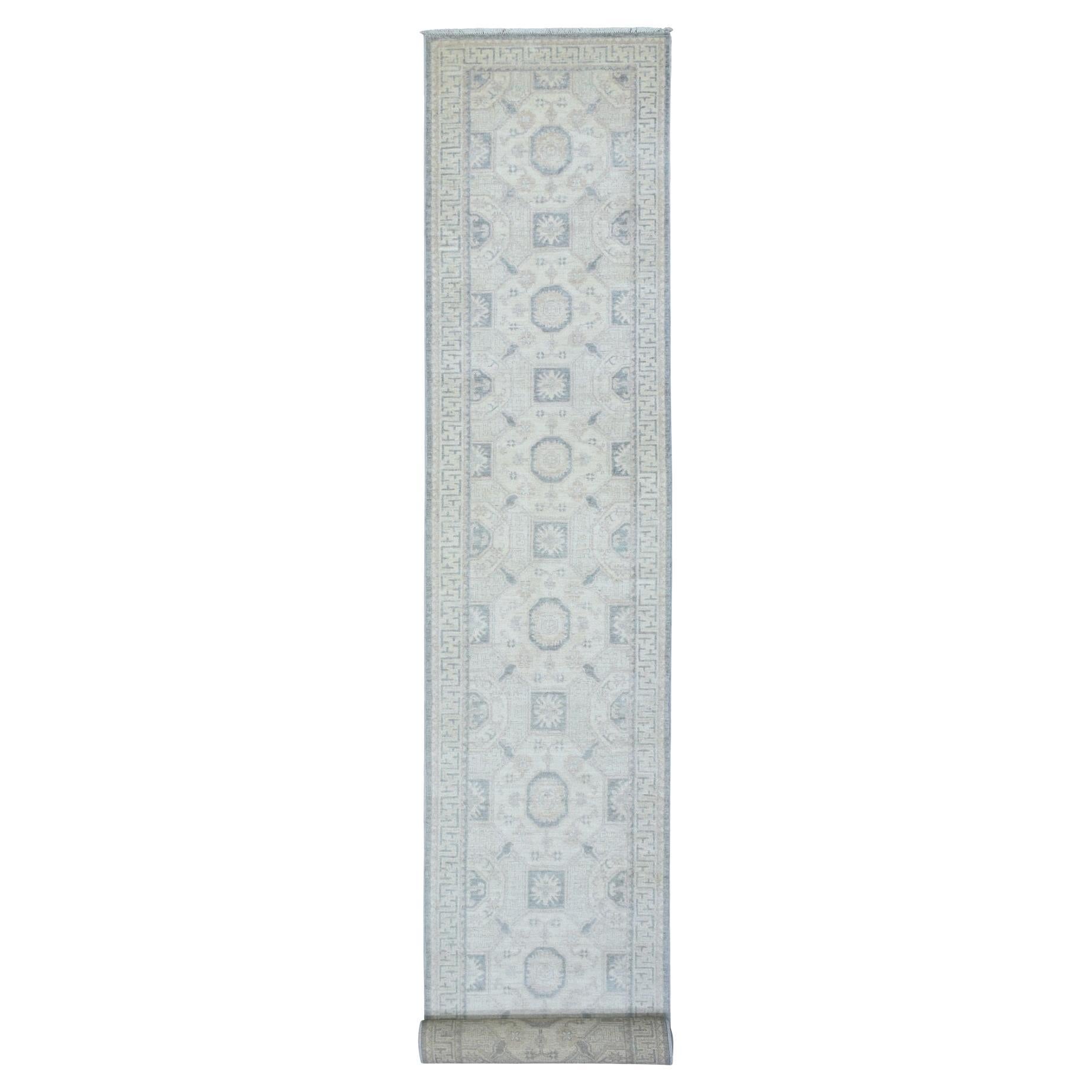 2'9"x18'9" Cremefarbener, handgeknüpfter weiß gewaschener Peshawar aus reiner Wolle XL Läufer