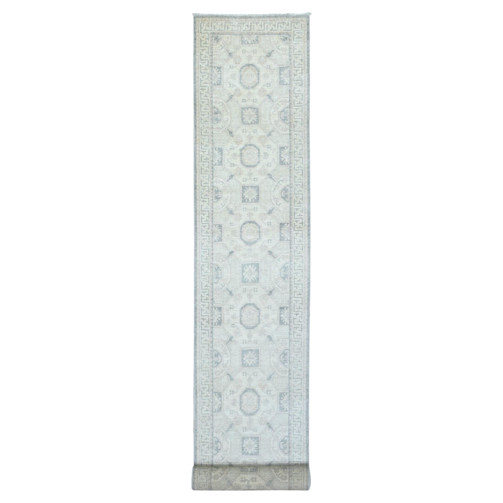 2
9"x18
9" Cream White Wash Peshawar Velvety Wool Hand Knotted XL Runner Rug