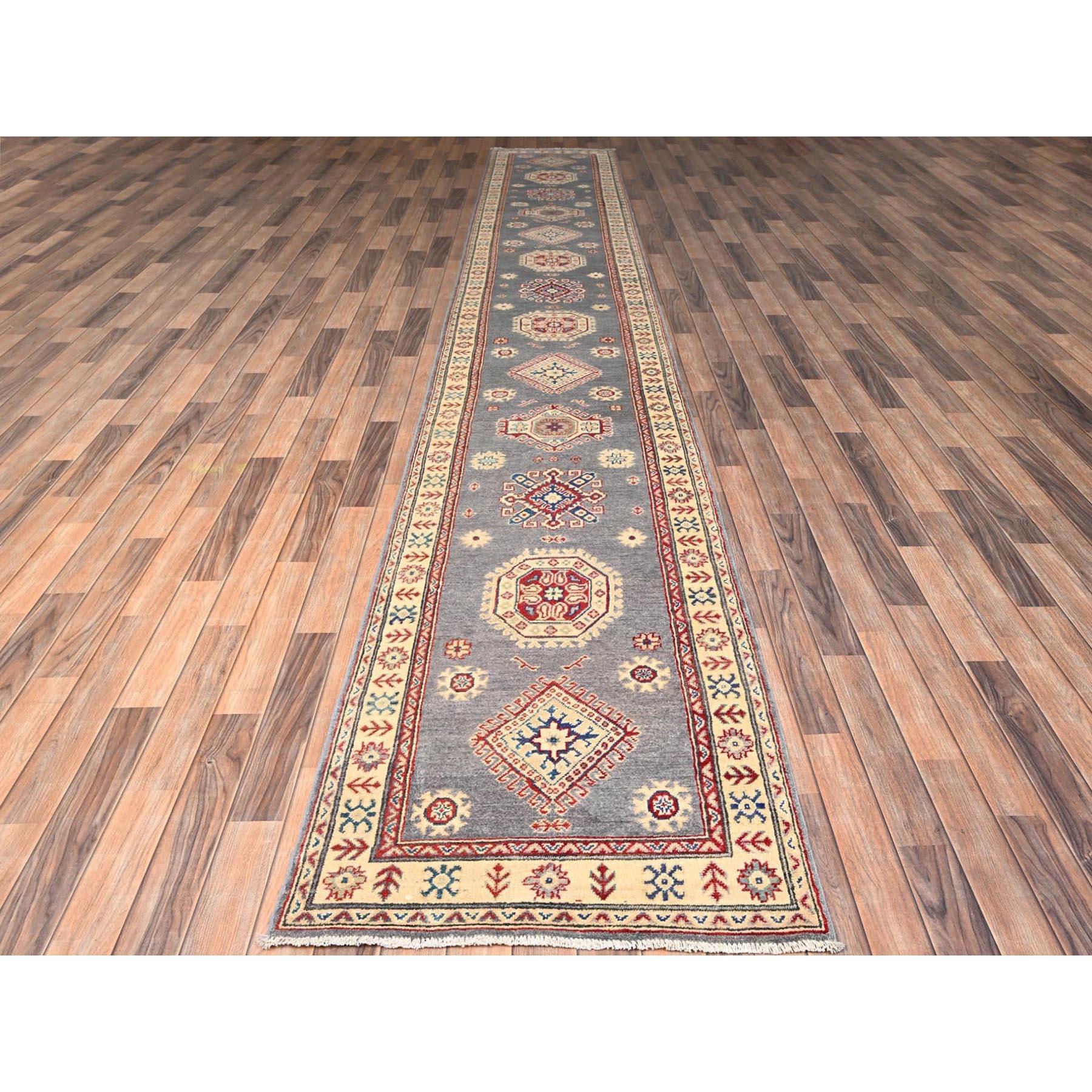 Harbor Mist Gray, Hand Knotted, Pure Wool, Vegetable Dyes, Denser Weave, Kazak with Geometric Medallions Design, XL, Runner, Oriental Rug
Primary materials: Wool
Latex: No Pile 
height: 0.25 Inches
Style: Traditional
Primary color: Grey
Secondary