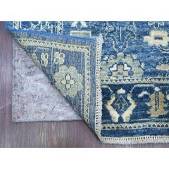 2'9"x19' Denim Blue Angora Oushak Leaf Design Hand Knotted Pure Wool Runner Rug