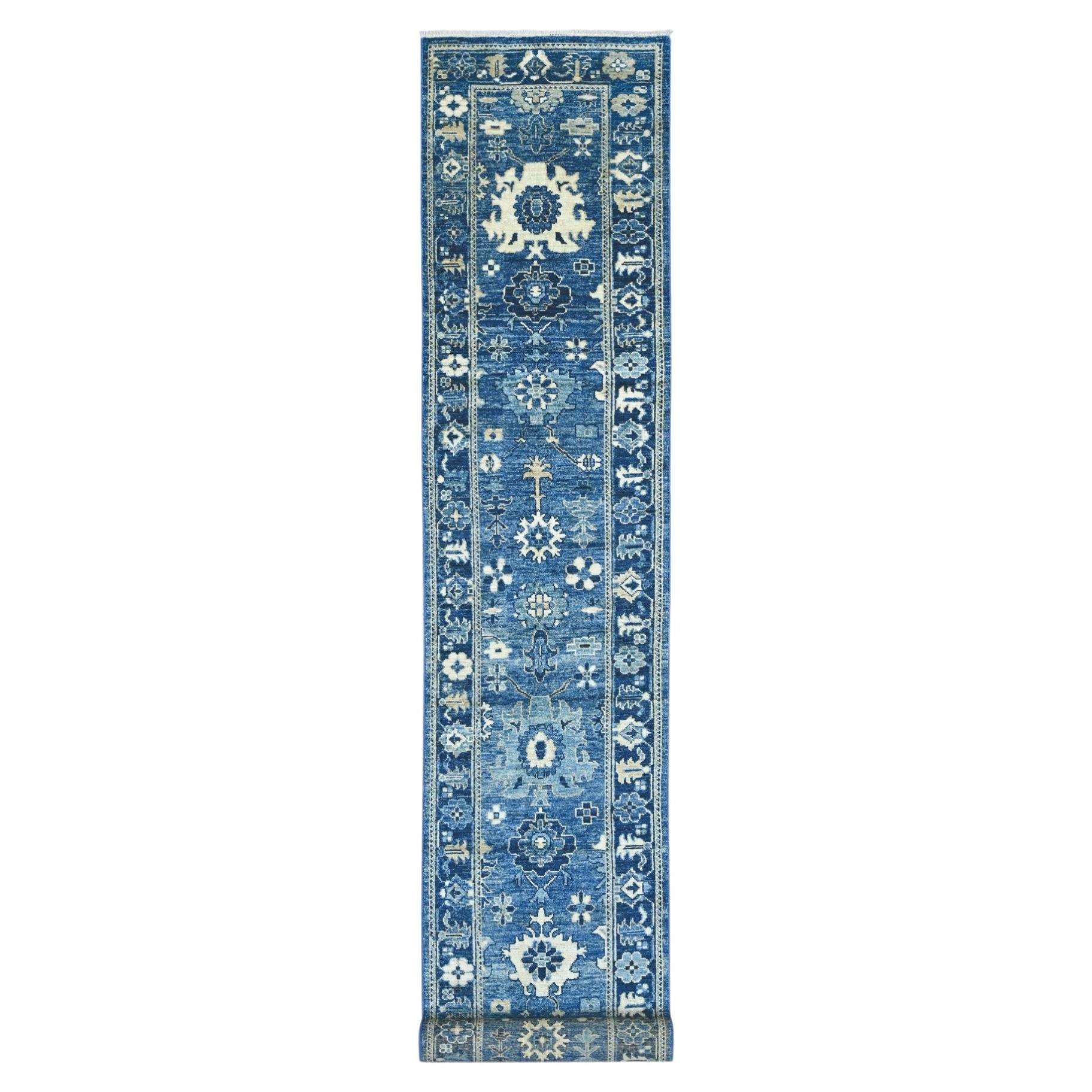 2'9"x19' Denim Blue Angora Oushak Leaf Design Hand Knotted Pure Wool Runner Rug For Sale