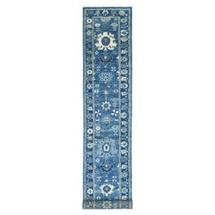 2'9"x19' Denim Blue Angora Oushak Leaf Design Hand Knotted Pure Wool Runner Rug