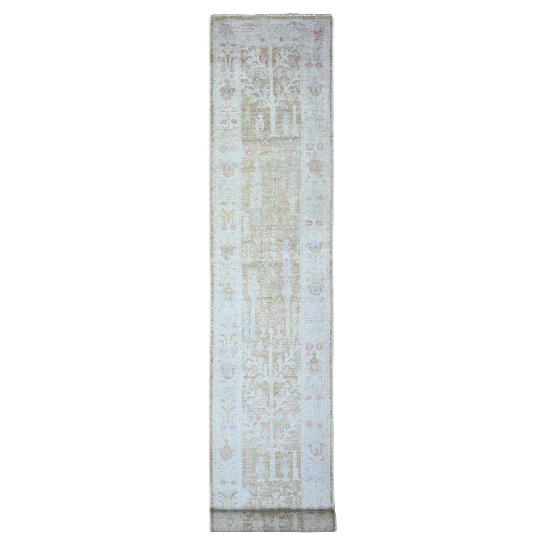 2'9 "x19' Faded Brown Afghan Angora Oushak Tapis de course noué à la main en pure laine XL en vente