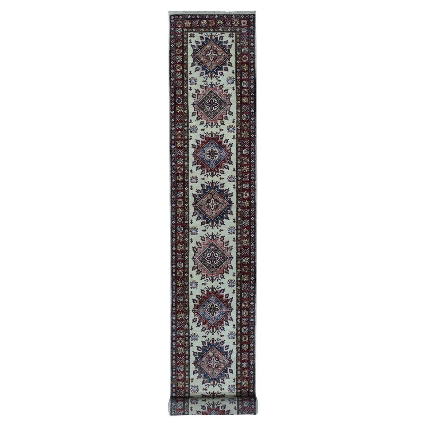 2'9 "x19' Elfenbein Super Kazak Geometrisches Design Handgeknüpft XL Läufer Orientteppich