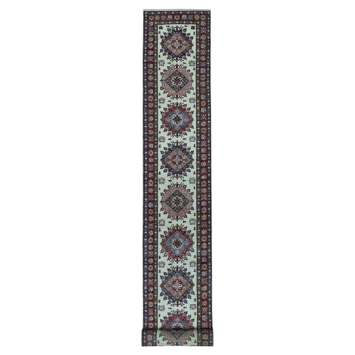 2'9"x19' Ivory Super Kazak Geometric XL Runner Hand-Knotted Oriental Rug For Sale