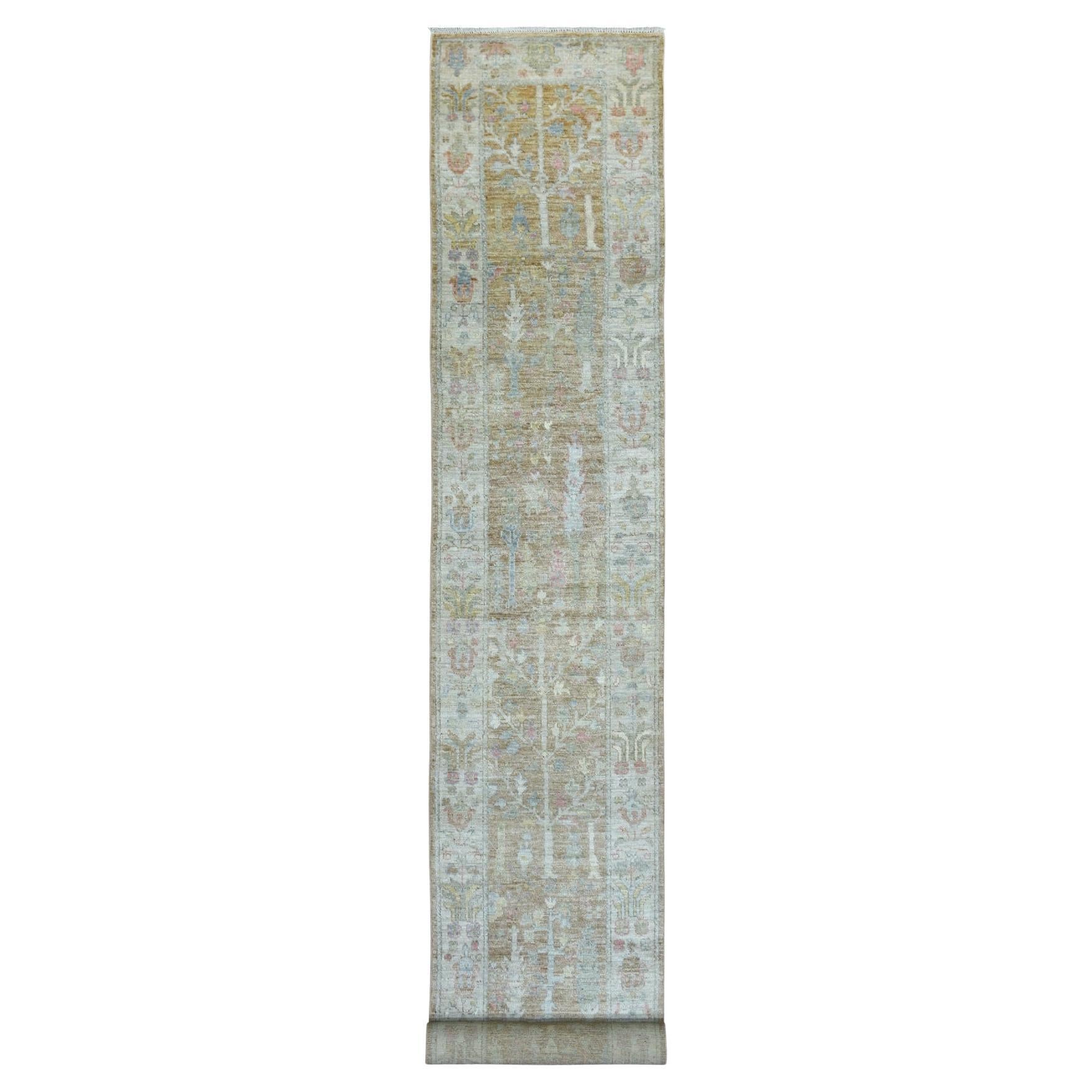 2'9 "x19'5" Tappeto Runner in lana organica annodata a mano in angora marrone mandorla Oushak XL