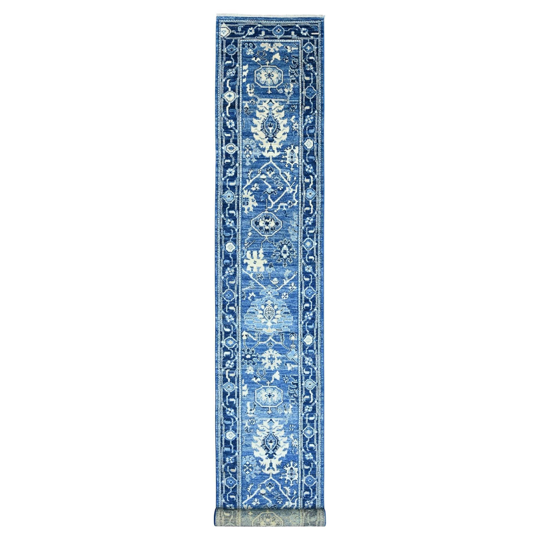 2'9 "x19'7" Blauer handgeknüpfter afghanischer Angora-Oushak-Reinwoll-Läufer Orientteppich im Angebot