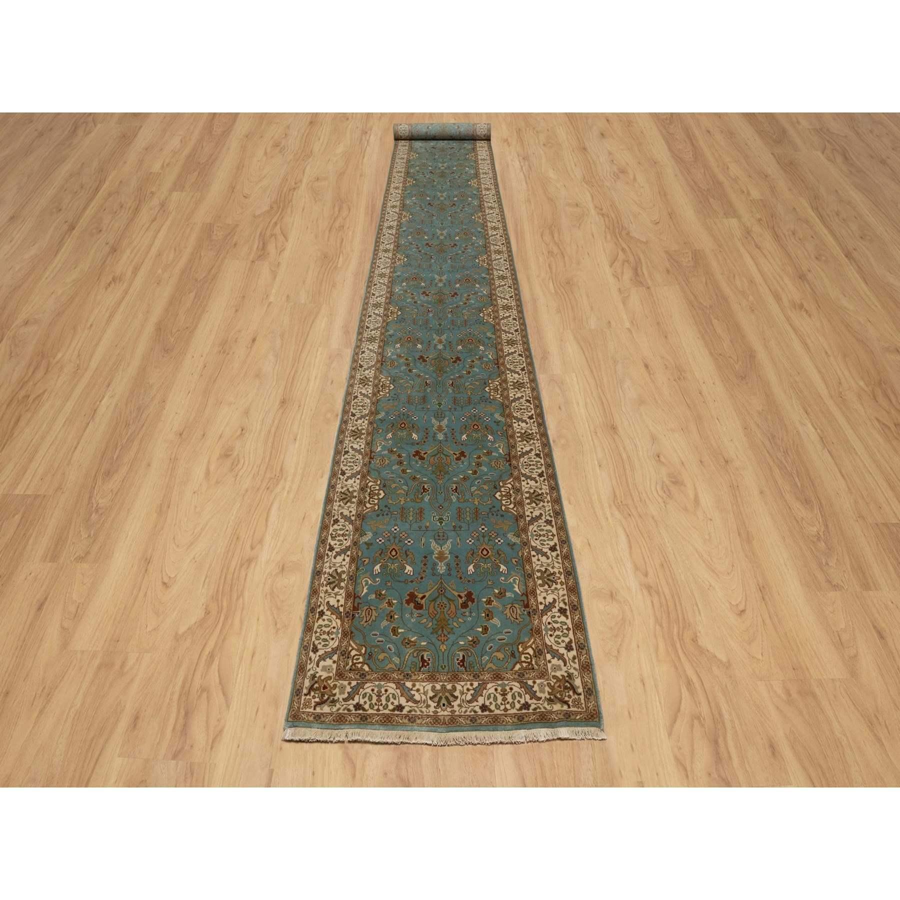 Cerulean Blue, Tabriz Revival, Hand Knotted, Hand Spun New Zealand Wool, 300 KPSI, XL Runner, Oriental Rug
Primary materials: Wool
Latex: No Pile 
height: 0.25 Inches
Style: Traditional
Primary color: Blue
Secondary colors: Red, Brown, Green, Ivory,