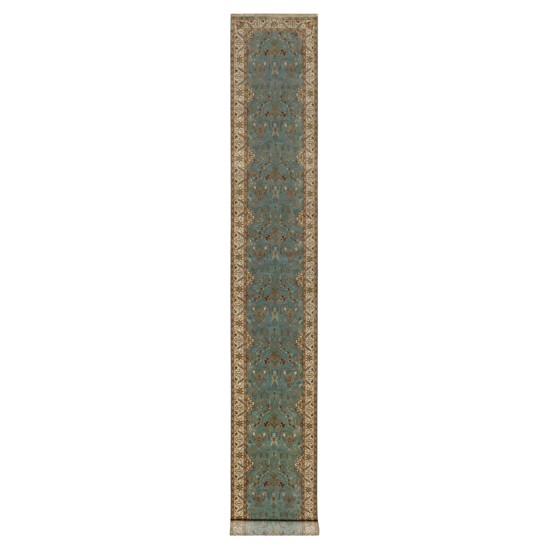 2'9"x19'8" Blue Tabriz Revival Hand Knotted New Zealand Wool Runner Oriental Rug For Sale
