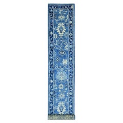2'9"x19'8" Imperial Blue Hand Knotted Afghan Angora Oushak Pure Wool Runner Rug