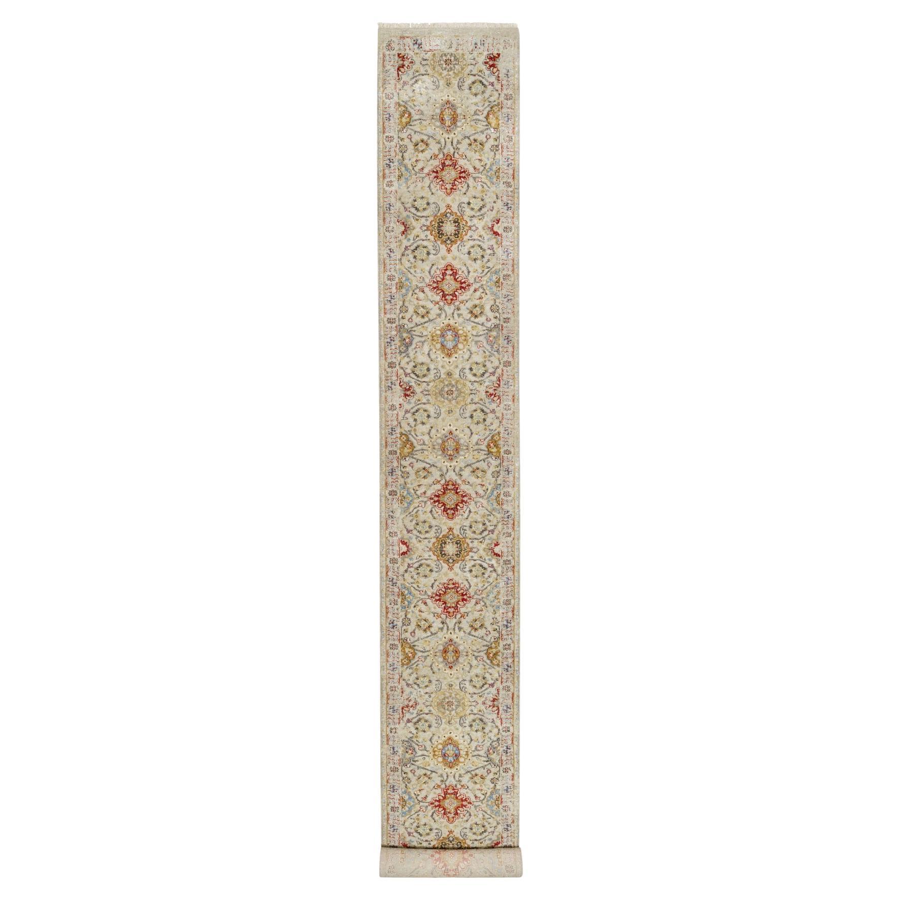 Tappeto Runner XL beige The Sunset Rosettes in lana e pura seta annodato a mano 2'9 "x20'