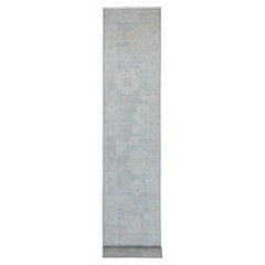2'9"x20'2" Gray Hand Knotted Afghan Angora Oushak Leaf Design Wool Runner Rug