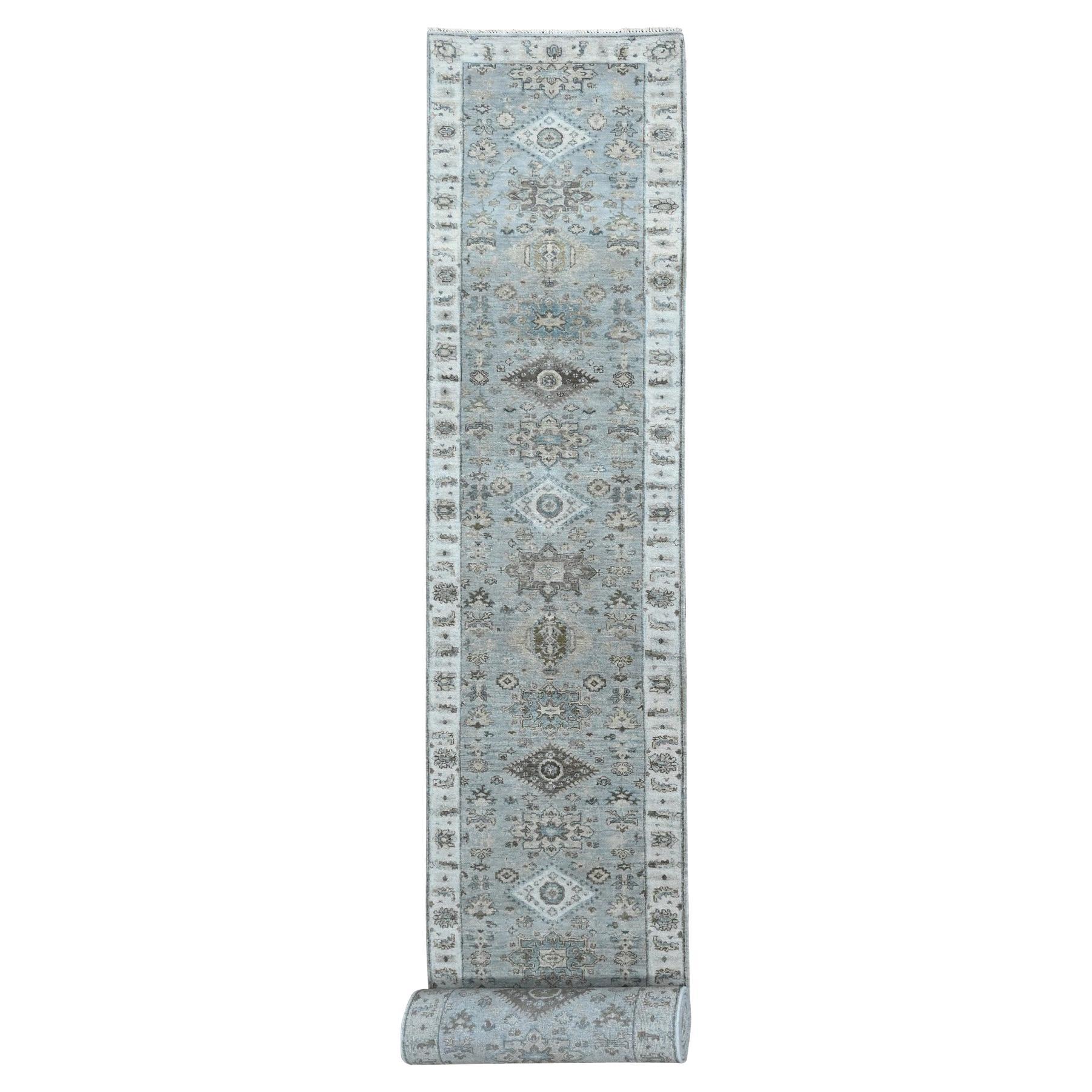 2'9"x21'9" Gray Karajeh Design Tribal Medallions Hand Knotted Wool Runner Rug