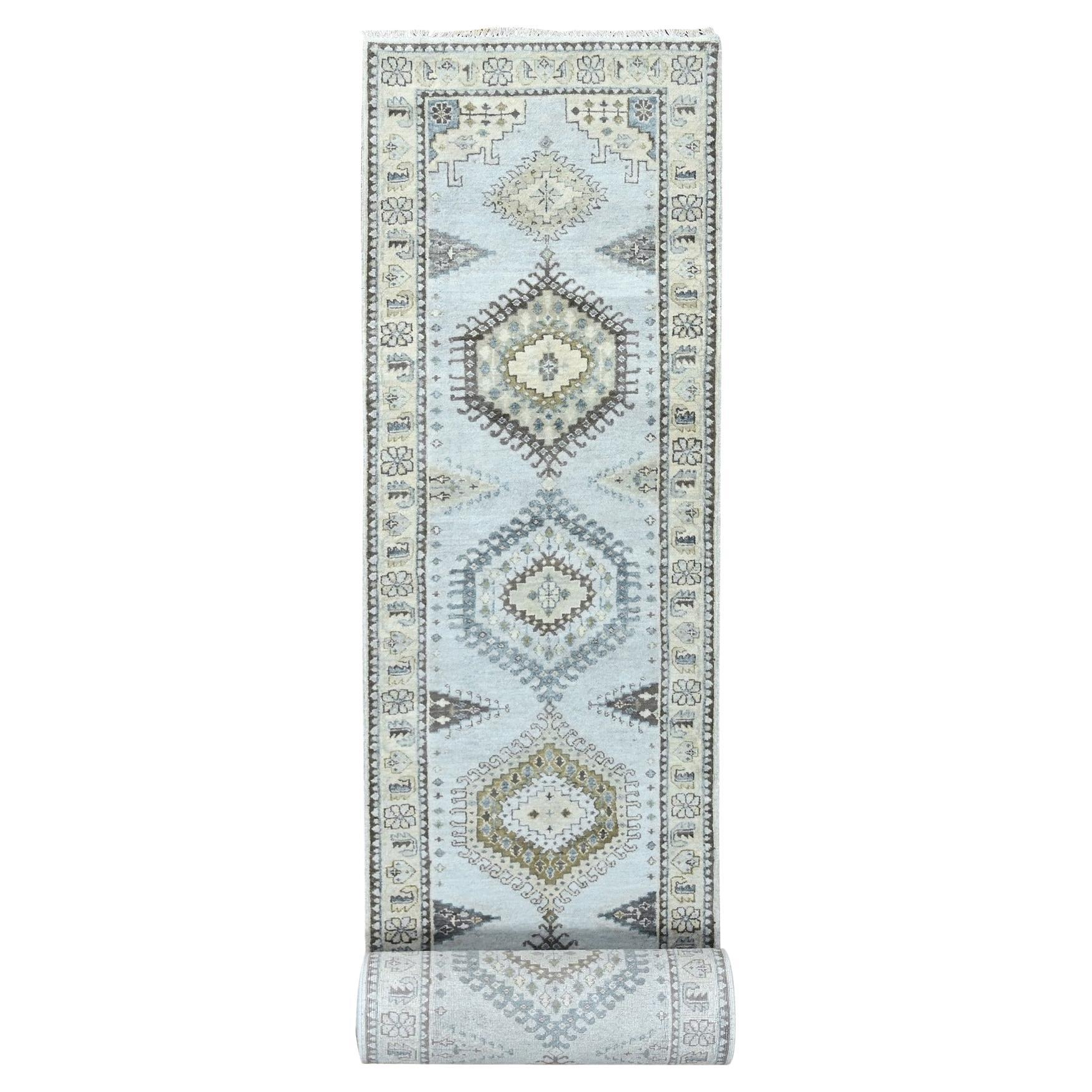 2'9 "x21'9" Grigio Tappeto Runner ispirato al villaggio persiano e annodato a mano, interamente in lana