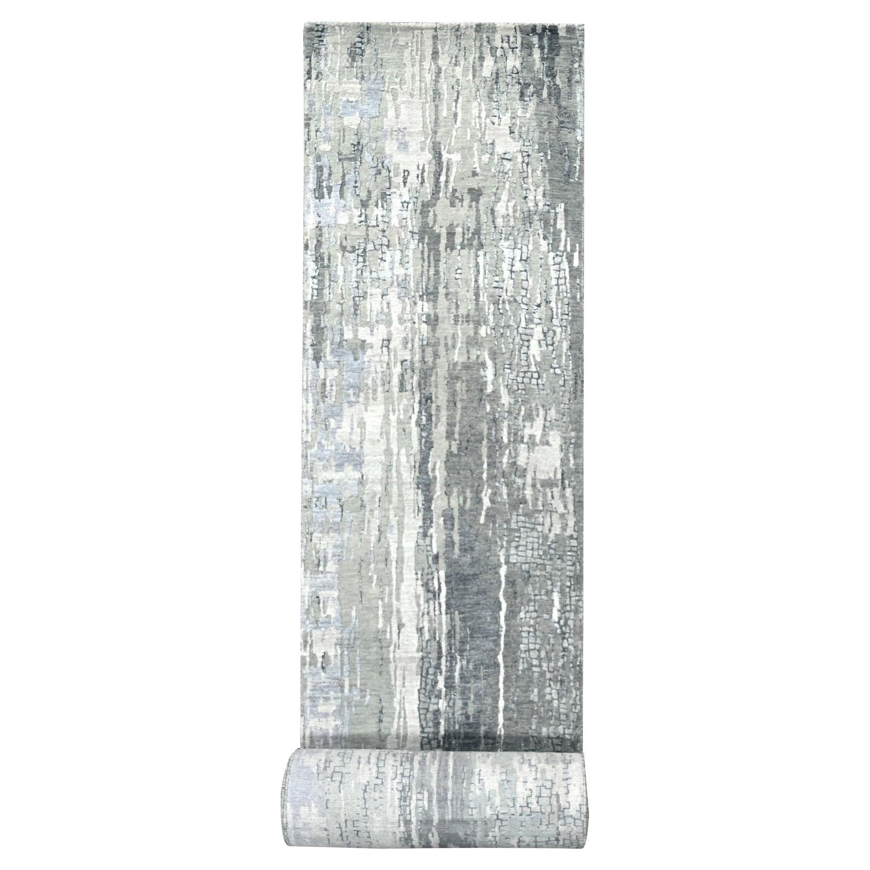 2
9"x23
8" Sonic Gray Abstract Design Wool and Silk XL Runner Hand Knotted Rug For Sale