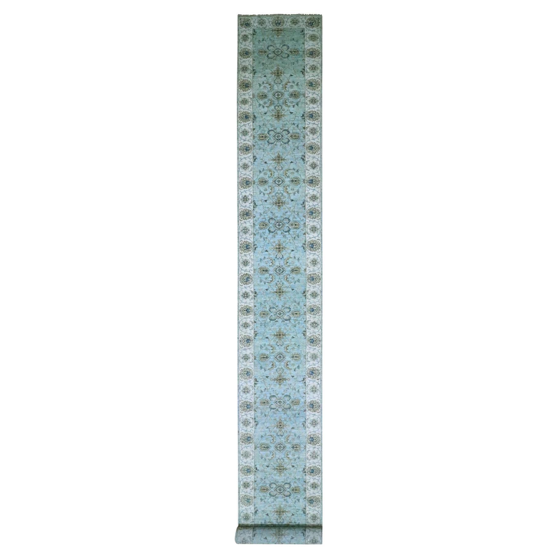 2'9"x24'3" Blue Agra Shah Abbas Flower Vines Design Hand Knotted Wool Runner Rug