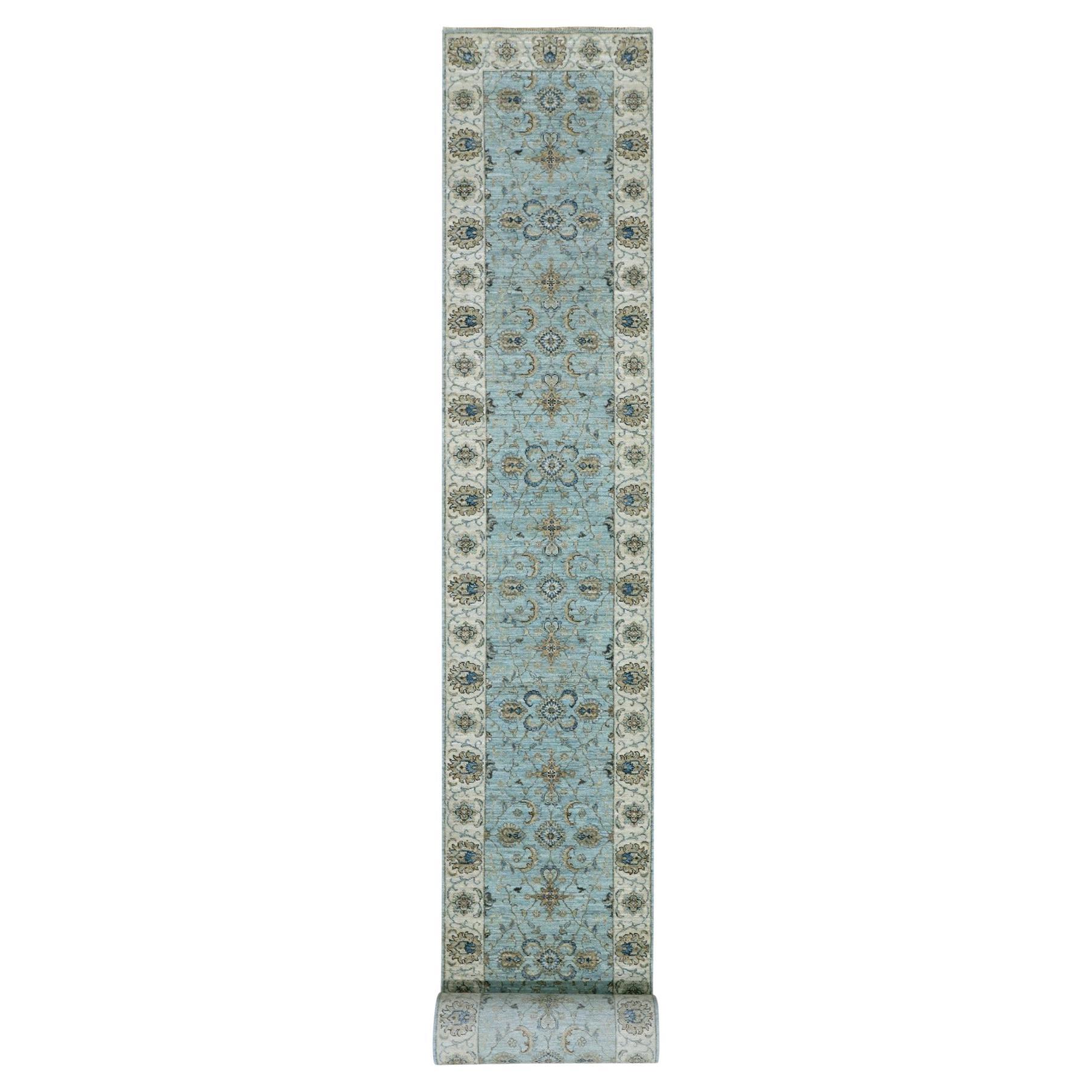 2'9"x24'3" Saphirblauer handgeknüpfter Shah Abbas XL Läufer Orientalischer Teppich aus aller Wolle