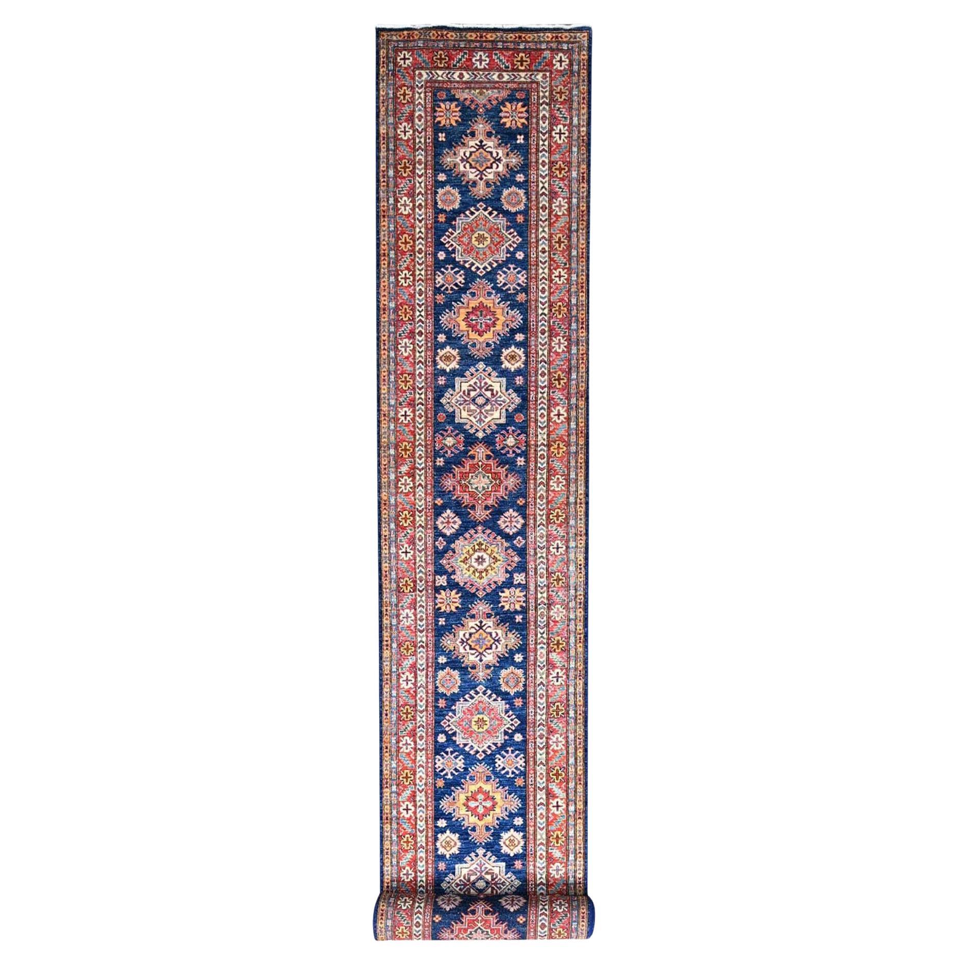 2'9"x26'3" Byzantine Blue Hand Knotted Super Kazak Wool XL Runner Oriental Rug