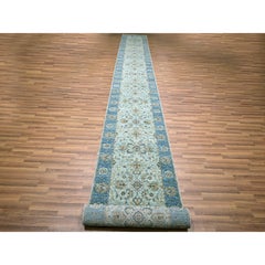 2'9"x27' Crystal Blue Agra Shah Abbas Vines Design Hand Knotted Wool Runner Rug