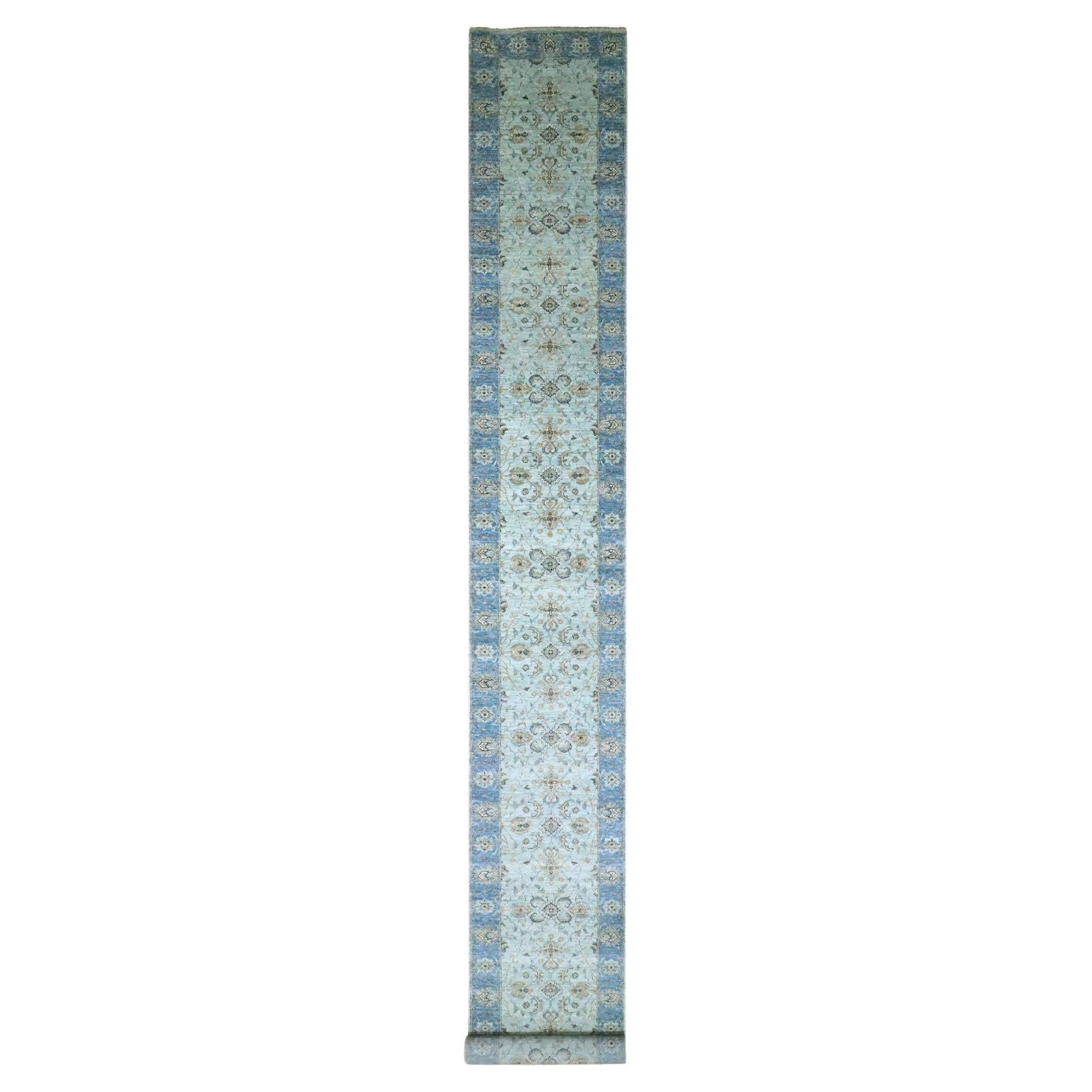 2'9 "x27' Crystal Blue Agra Shah Abbas Vines Design Tappeto Runner in lana annodato a mano