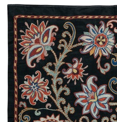 29x30 in Embroidered 100% Silk Wall Hanging, Bohemian Tablecloth, Black Throw