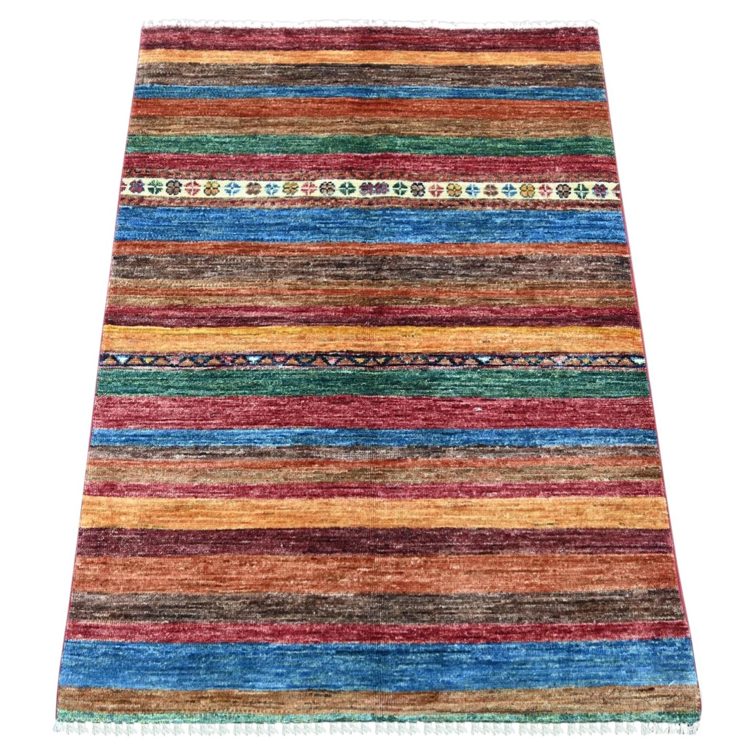 2'9"x3'10" Colorful Natural Wool Hand Knotted Afghan Super Kazak Sample Mat Rug
