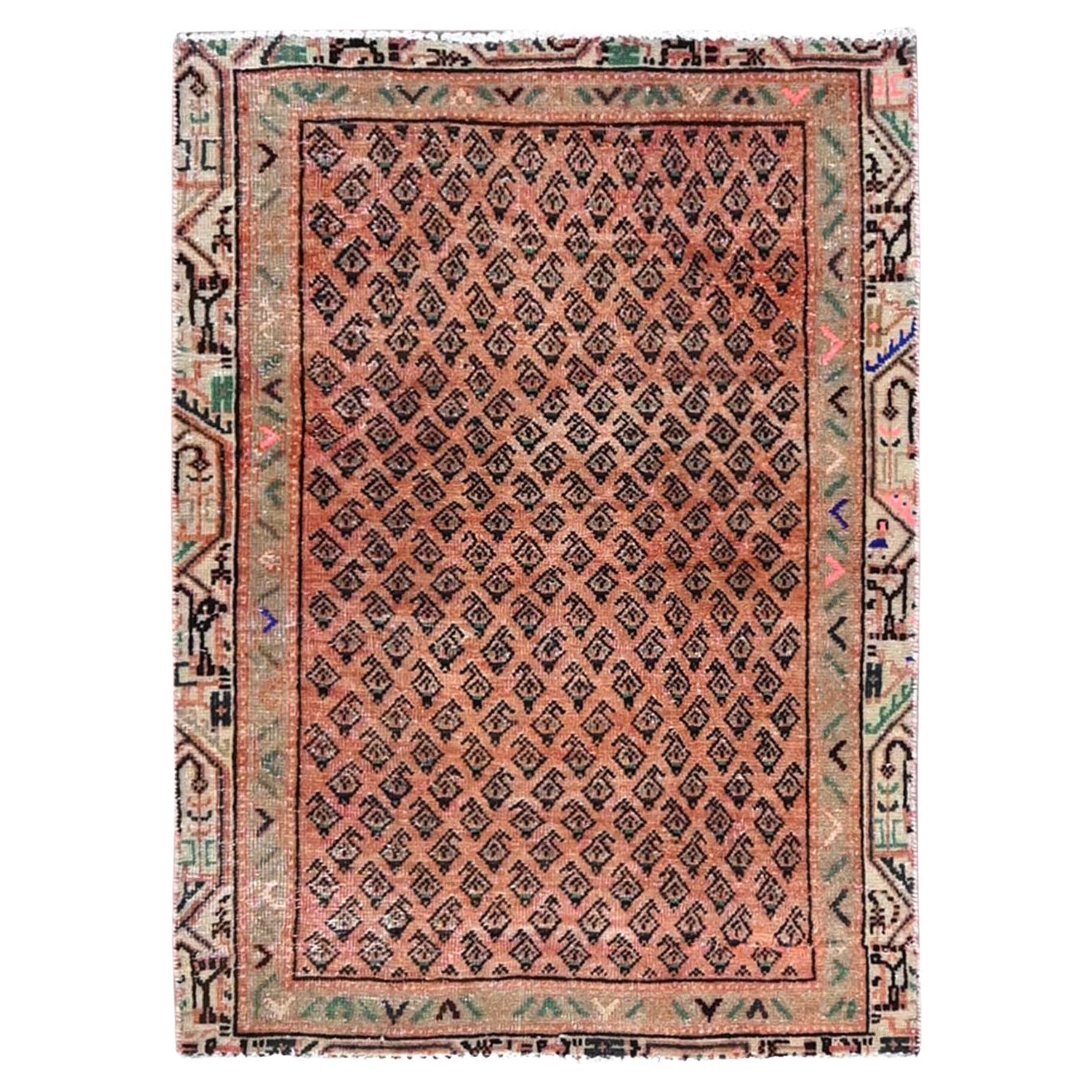 2'9"x3'10" Orange Boteh Design Vintage Persian Sarouk Mir Hand Knotted Wool Rug For Sale