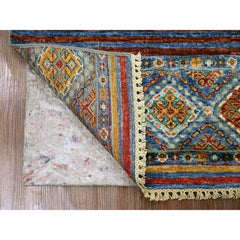 2'9"x3'8" Cerulean Blue Hand Knotted Pure Wool Afghan Super Kazak Mat Rug