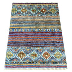 2'9"x3'8" Cerulean Blue Hand Knotted Pure Wool Afghan Super Kazak Mat Rug