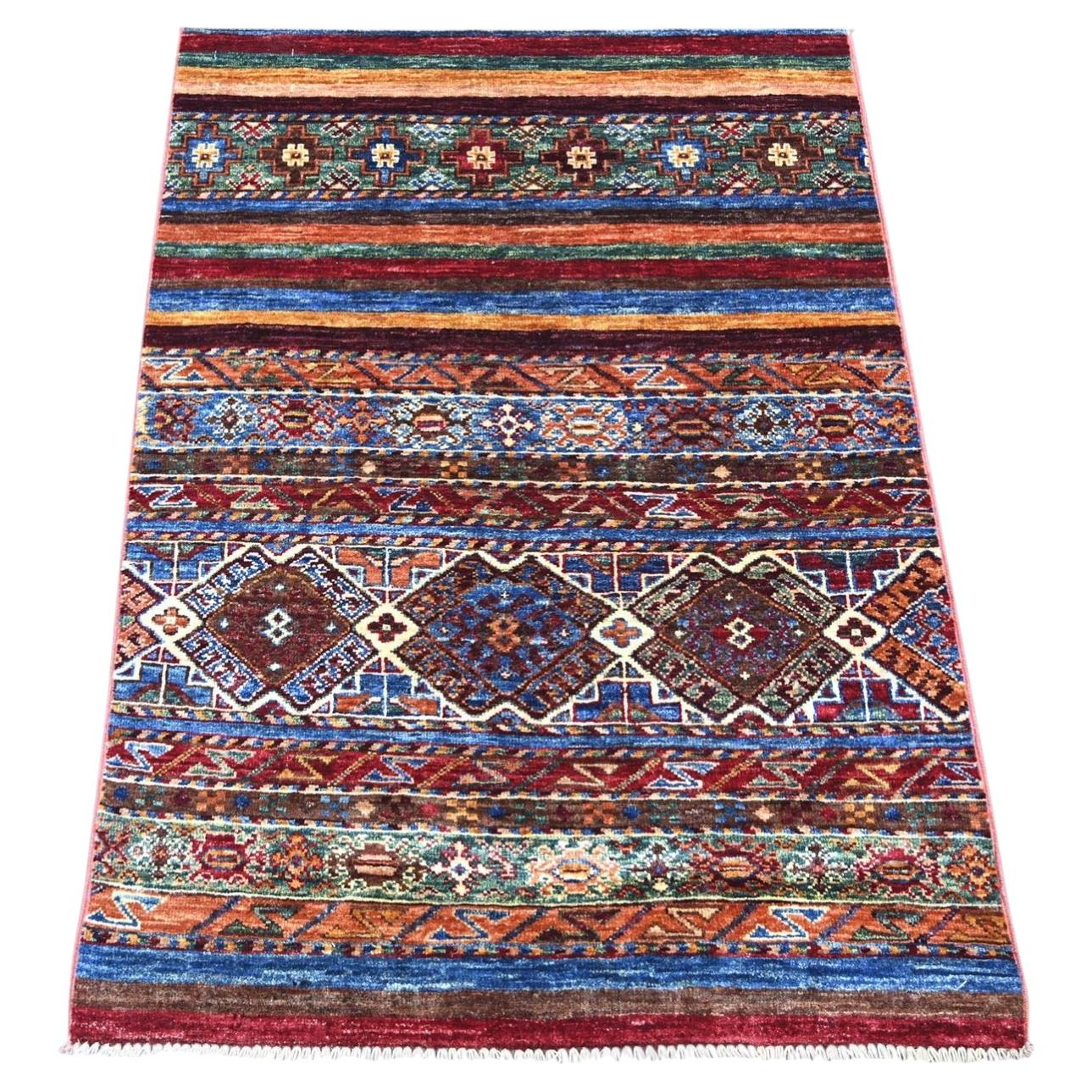 2'9"x3'8" Colorful Pure Wool Hand Knotted Afghan Super Kazak Sample Mat Rug