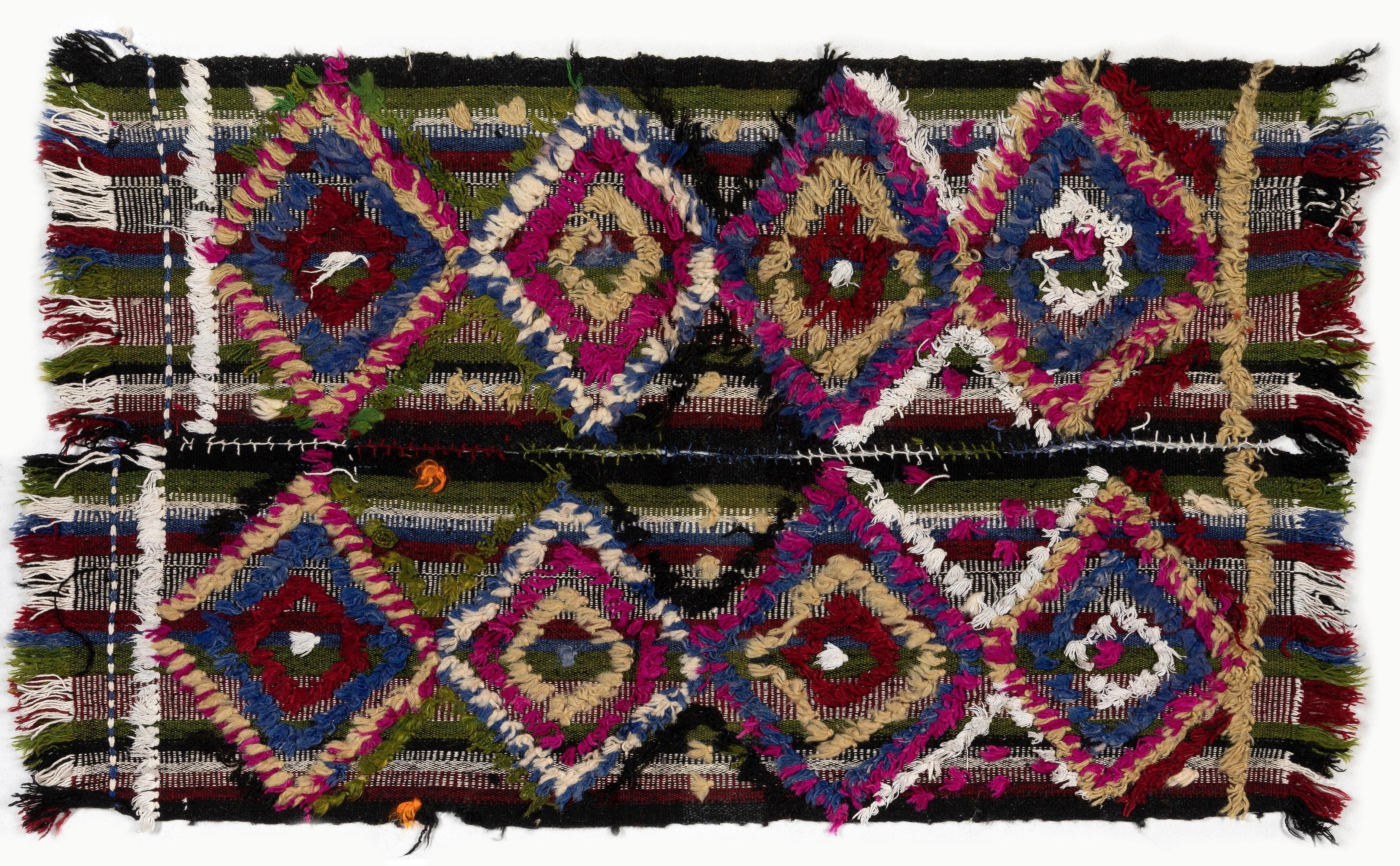 Turkish 3x3.8 Ft Hand-Made Anatolian Kilim Rug with Colorful Poms, Great for Kids Room For Sale