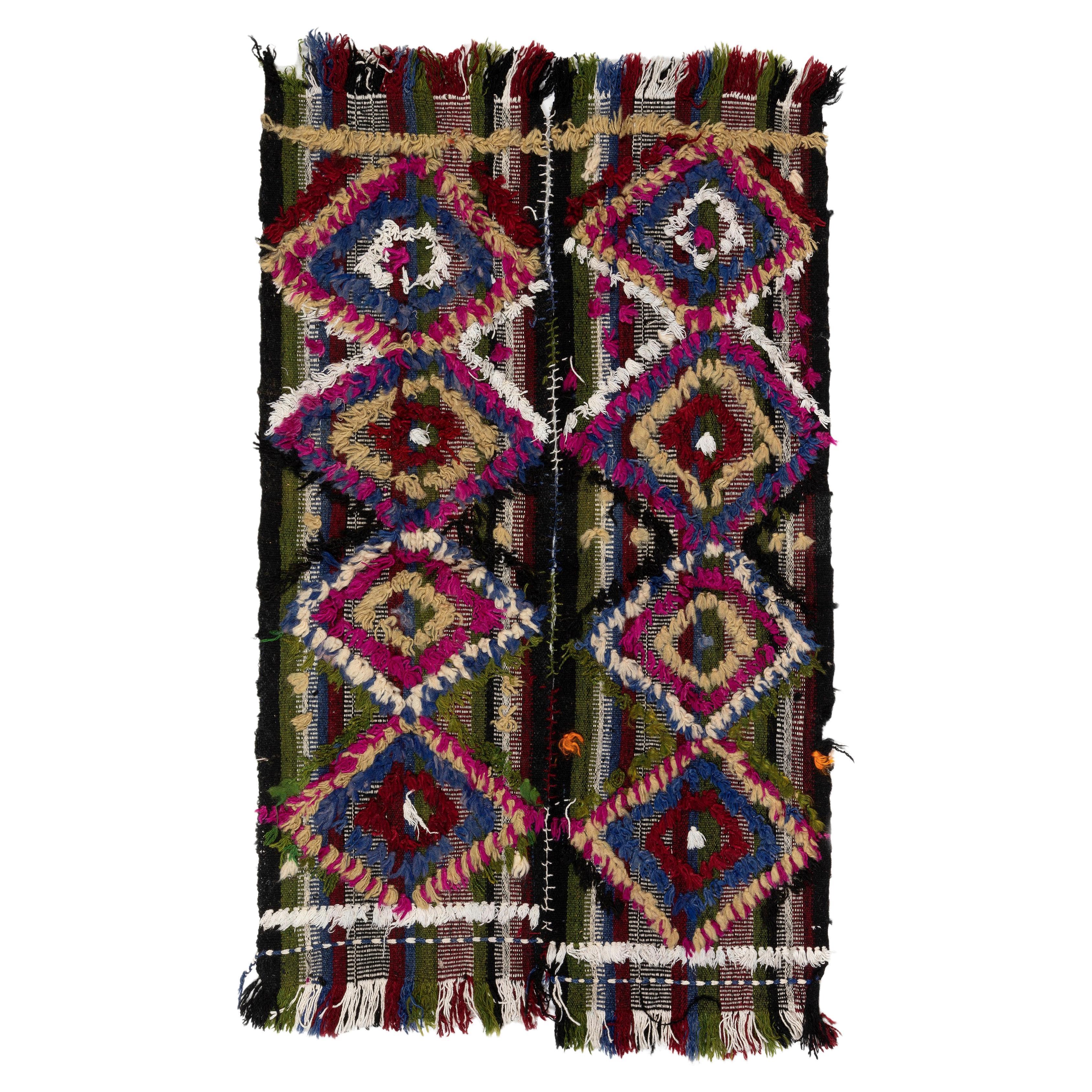 3x3.8 Ft Hand-Made Anatolian Kilim Rug with Colorful Poms, Great for Kids Room
