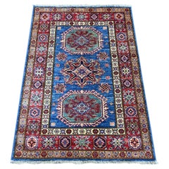 2'9 "x4' Blu Afghan Super Kazak Medallions Design Tappeto in lana annodato a mano