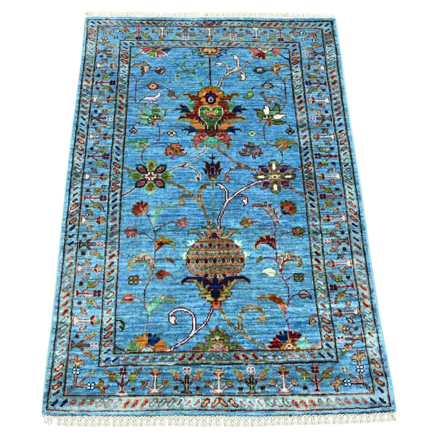 2'9"x4' Cerulean Blue Soft Wool Hand Knotted Afghan Sultani Sample Mat Rug