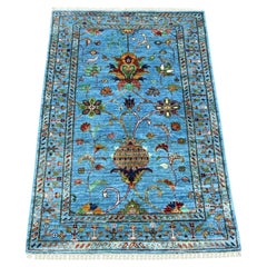 2'9"x4' Cerulean Blue Soft Wool Hand Knotted Afghan Sultani Sample Mat Rug