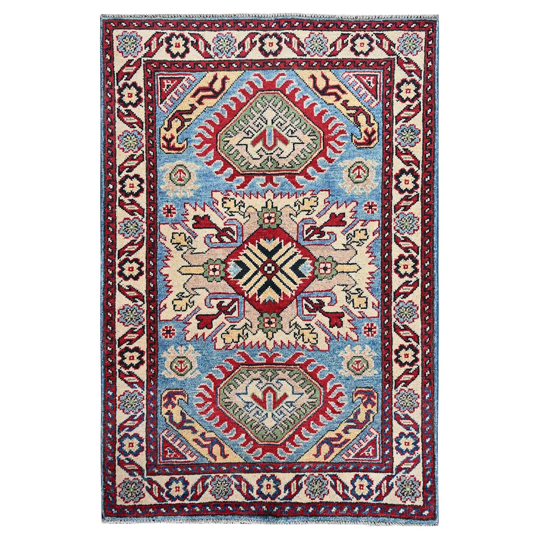 2
9"x4
 Lichen Blue Kazak with Tribal Design Hand Knotted Soft Wool Sample Rug