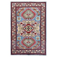 2
9"x4
 Lichen Blue Kazak with Tribal Design Hand Knotted Soft Wool Sample Rug