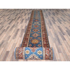 2'9"x40'6" Denim Blue Afghan Super Kazak Natural Wool Hand Knotted XL Runner Rug