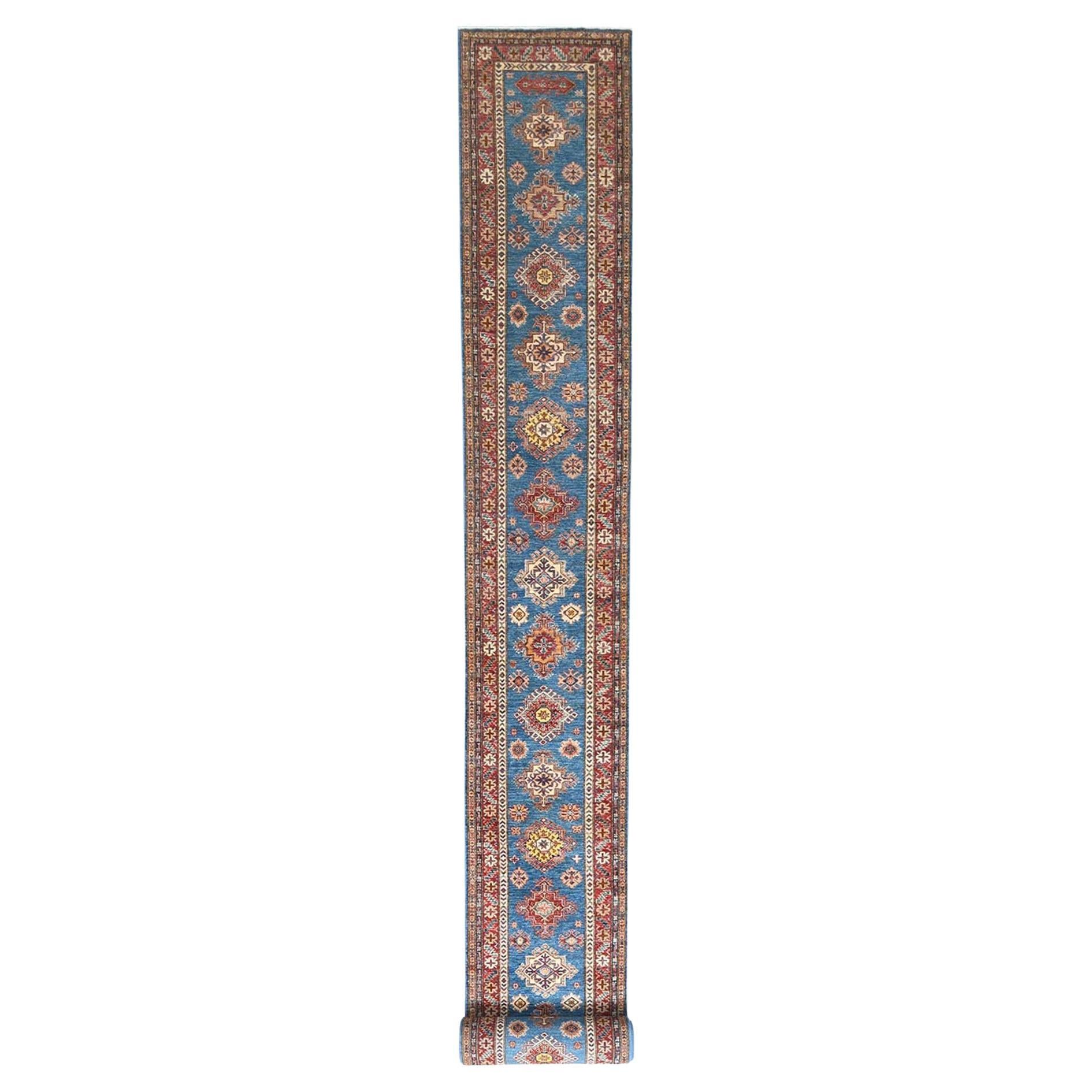 2'9"x40'6" Denim Blue Afghan Super Kazak Natural Wool Hand Knotted XL Runner Rug For Sale