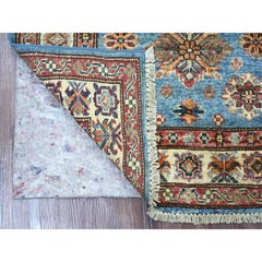 2'9"x4'1" Blue Hand Knotted Pure Wool Afghan Super Kazak Sample Mat Rug