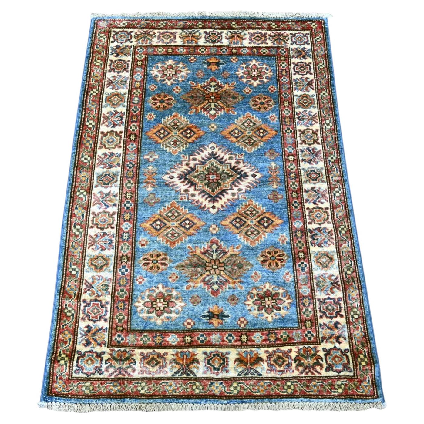 2'9"x4'1" Blue Hand Knotted Pure Wool Afghan Super Kazak Sample Mat Rug