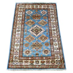 2'9"x4'1" Blue Hand Knotted Pure Wool Afghan Super Kazak Sample Mat Rug