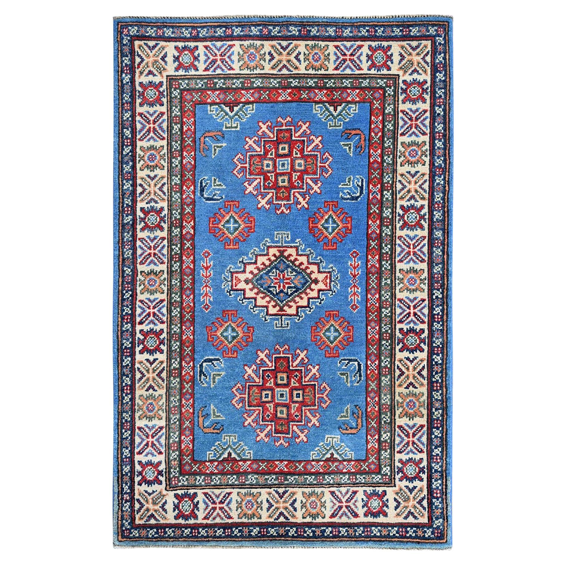 2
9"x4
1" Blue Kazak with Tribal Medallions Design Hand Knotted Soft Wool Rug For Sale