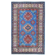 2
9"x4
1" Blue Kazak with Tribal Medallions Design Hand Knotted Soft Wool Rug